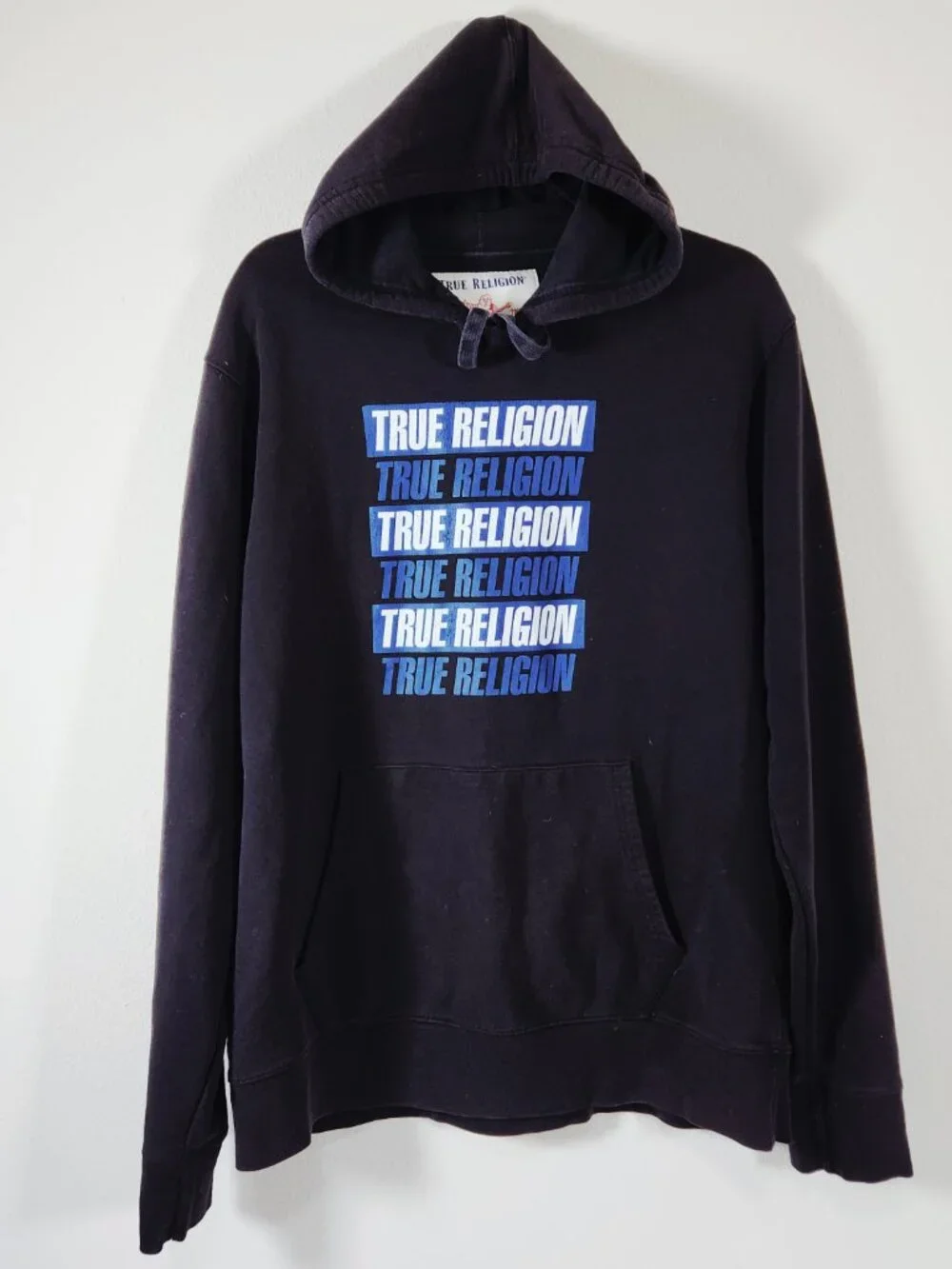True Religion Sweatshirt Hoodie Mens Size 2XL Black with Blue Logo Print Pockets